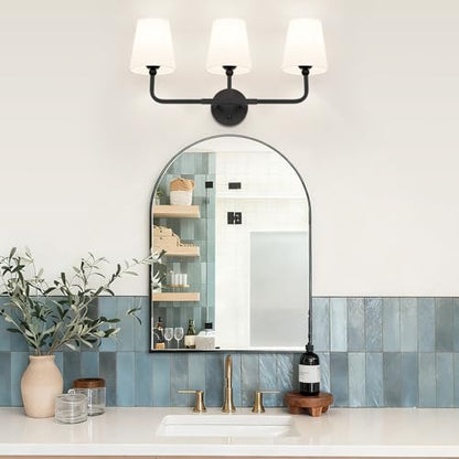 MOKATNG Bathroom Light Fixtures, 3-Light Matte Black Vanity Lights, Bathroom Lighting Fixtures Over Mirror with Flared White Fabric Shade, Modern Wall Sconces for Living Room Hallway - color: Matte Black & White Shade