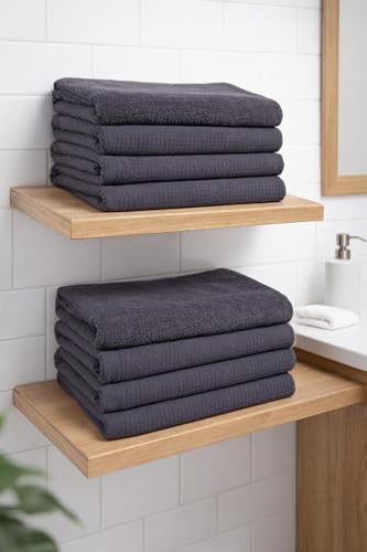 Waffle Weave and Zero Twist Terry Bath Towel, Dark Grey, 100% Cotton, 36x72 Inches Best for Beaches 4 Pieces Hotel and Good for Body Rap