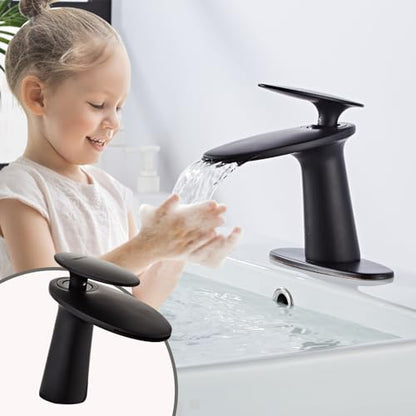 Matte Black Waterfall Bathroom Sink Faucet and Pop Up Drain Assembly - color: Matte Black, size: Short Body