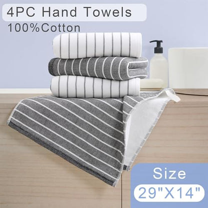 VOOVA & MOVAS Black Striped Hand Towels 4 Pack, 100% Cotton, 13x28 in | Great for Home Bathroom & Spa, Hanging Loops, 450GSM Thick, Ultra Absorbent & Quick Dry, Classic Black White Striped - color: White Black Stripe