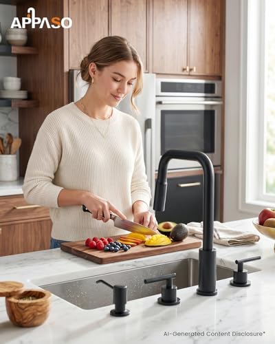 APPASO 4 Hole Black Kitchen Faucet with Pull Down Sprayer & Soap Dispenser | Matte Black Square Neck Kitchen Sink Faucet with Dual Handle, Stainless Steel for 3 and 4-Hole Sinks, Easy to Install - color: 3-Black