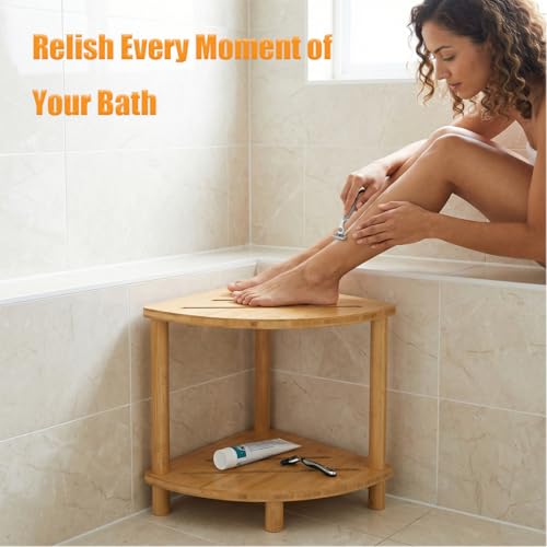 2-Tier Bamboo Corner Shower Stool,Shower Foot Rest for Bathroom Sauna | Non-Slip Adjustable Shower Feet Stool for Shaving Legs with Storage Shelf, Space Saving Shower Bench for Kitchen, Entryway