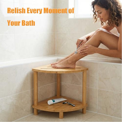 2-Tier Bamboo Corner Shower Stool,Shower Foot Rest for Bathroom Sauna | Non-Slip Adjustable Shower Feet Stool for Shaving Legs with Storage Shelf, Space Saving Shower Bench for Kitchen, Entryway