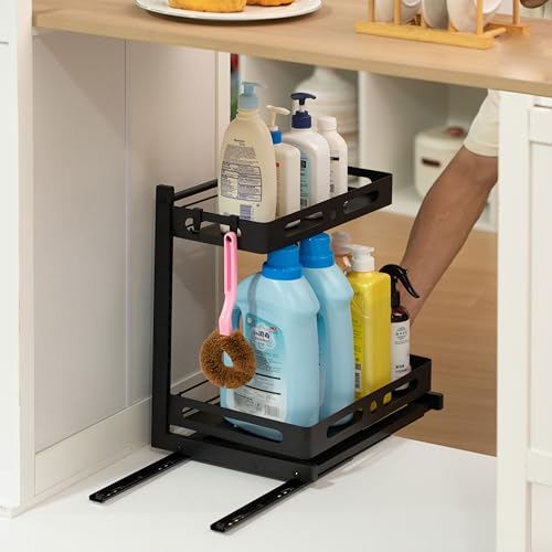Adjustable Height Under Sink Pull-Out Organizer 2-Tier Sliding Shelf Rack Heavy-Duty Mesh Baskets for Kitchen & Bathroom Cabinets Ideal for Tall Bottles Cleaning Supplies & Tight Spaces - size: Single