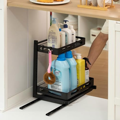 Adjustable Height Under Sink Pull-Out Organizer 2-Tier Sliding Shelf Rack Heavy-Duty Mesh Baskets for Kitchen & Bathroom Cabinets Ideal for Tall Bottles Cleaning Supplies & Tight Spaces - size: Single