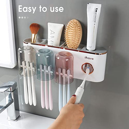 iHave Toothbrush Holders for Bathrooms Wall Mounted with Dispenser & 3 Cups | 9 Slots Wall Mount Toothbrush Holders for Bathrooms with Squeeze Toothpaste Dispenser, 3 Cups & 3 Compartments Organizer - color: White 3 Cups