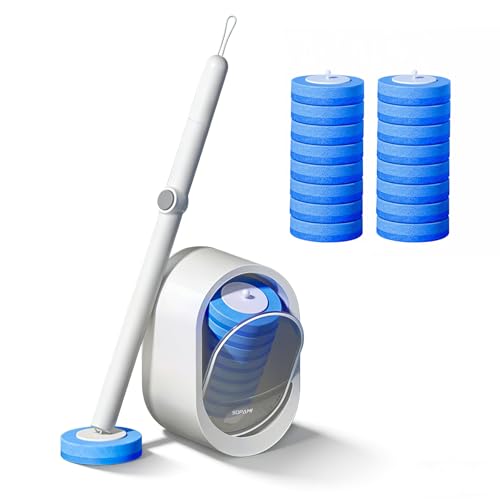 SOPAMI Disposable Toilet Brush and Holder Set with 16 Refills for Bathroom | Disposable Toilet Cleaning System,Toilet Wand Kit,Wall-Mounted or Floor-Standing Holder Toilet Cleaning Stick Touch Free