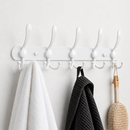 YUNISS Coat Rack Wall Mounted，5 Tri Stainless Steel Coat Hook for Coat Hat Robes Towel in Mudroom Entryway (White, 2 Pack 5 Hook) - color: White, size: 2 Pack 5 Hook
