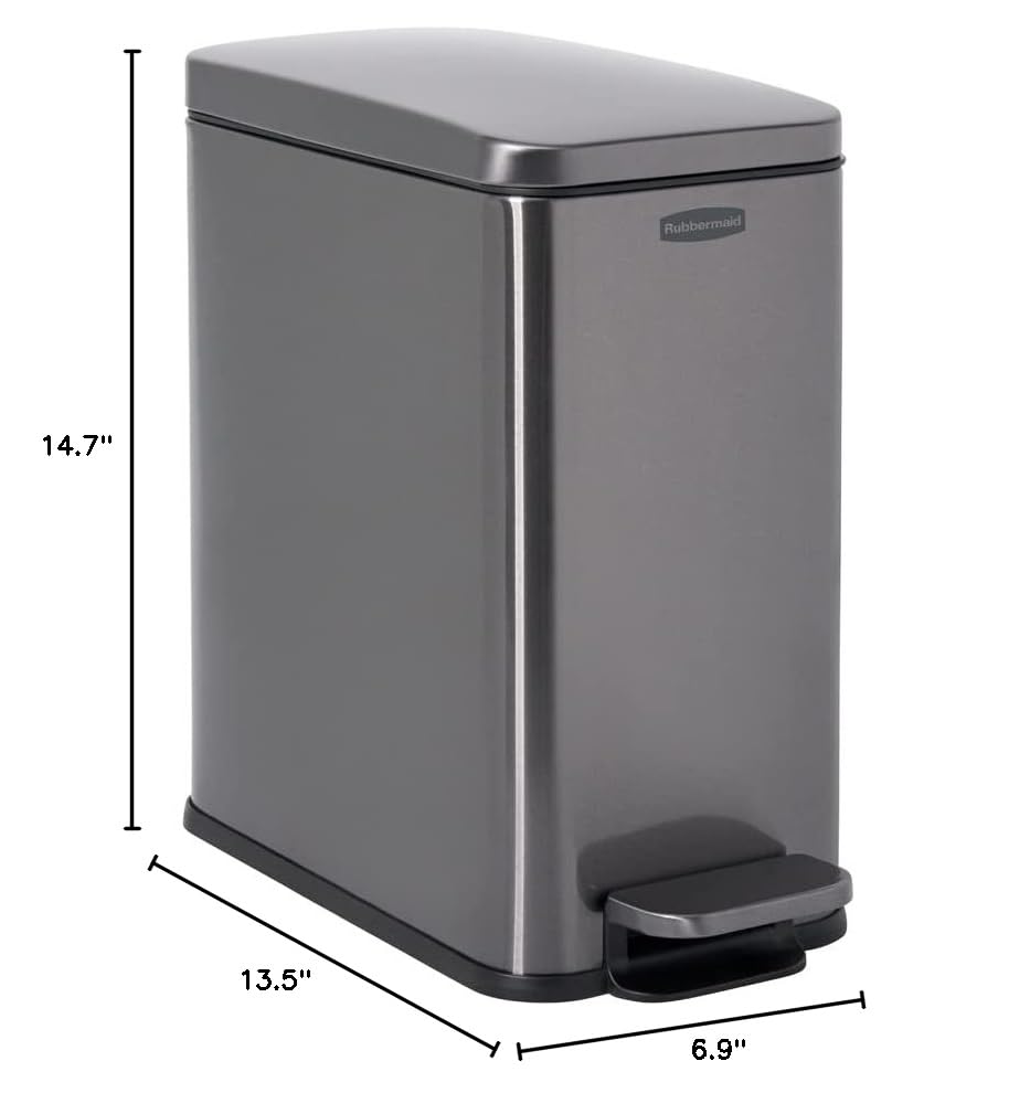 Rubbermaid Stainless Steel Slim Step-On Trash Can, 2.6-Gallon, Charcoal, Wastebasket with Lid for Home/Bathroom/Kitchen - style: Slim Step-On