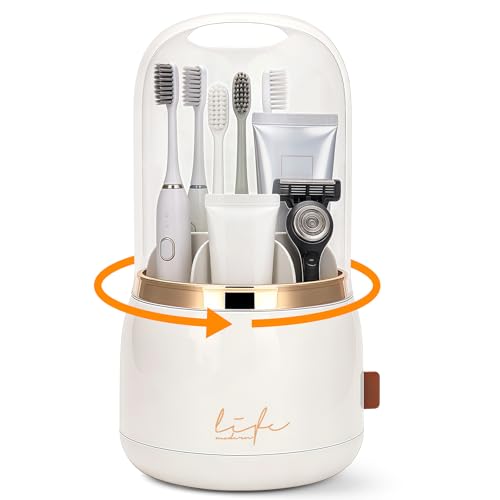 360 Rotating Toothbrush Holders for Bathrooms, 7-Slot Toothbrush Holder with Cover & Drainage, Bathroom Countertop Organizer for Electric Toothbrushes, Toothpaste & Makeup Brushes - color: Beige