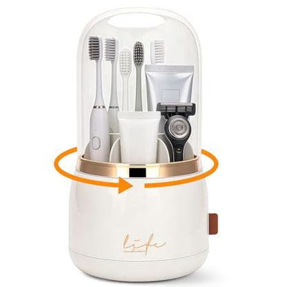 360 Rotating Toothbrush Holders for Bathrooms, 7-Slot Toothbrush Holder with Cover & Drainage, Bathroom Countertop Organizer for Electric Toothbrushes, Toothpaste & Makeup Brushes - color: Beige
