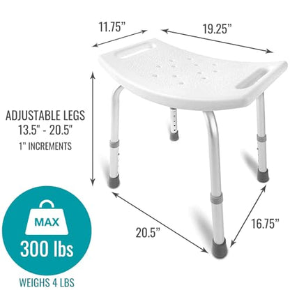 DMI Shower Chair Bath Seat for Tub or Shower Bench for Inside Shower, Made of Non Slip Aluminum with Plastic Seat, No Tools Needed, Adjustable Height, Holds Weight up to 300 Pounds, Bath Bench, White - style: Without Back