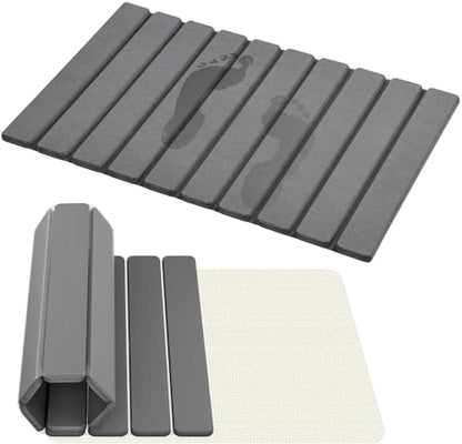 Foldable Stone Bath Mat, Absorbent Diatomaceous Earth Mats, Non-Slip 23.6 x 15.5 Inch Quick Drying Mat, Compact and Easy to Store Bath Mats for Bathroom, Easy to Clean, Grey