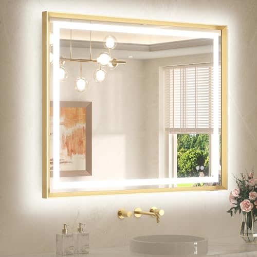 42 x 36 Led Mirror Brushed Gold Metal Frame Frontlit & Backlit Vanity Mirror Anti-Fog Stepless Dimmable 3 Colors White/Warm/Natural Wall Mirror with Lights Wall-Mounted - color: Brushed Gold, size: 36"L x 42"W