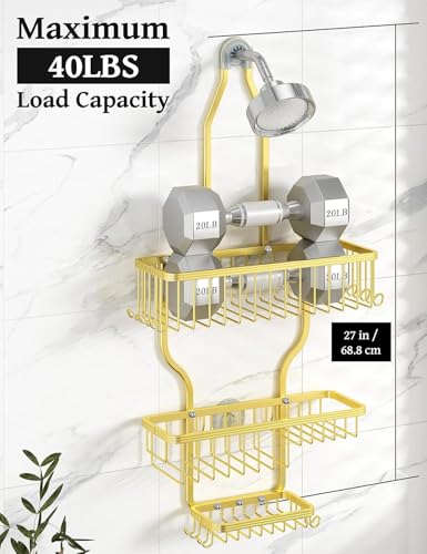 Never Rust Shower Caddy Hanging, Aluminum Shower Racks for Inside Shower, 3-Tier Shower Organizer Hanging Over Shower Head with Hooks and Soap Holder, Gold - color: Gold