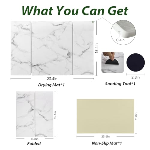Large Stone Drying Mat for Kitchen Counter, 24"x16" Collapsible Quick Dry Dish Drying Mat, Water-Absorbent Marble Diatomaceous Earth Mats for Bottles Cups Dishes, Match Any Countertop - color: White