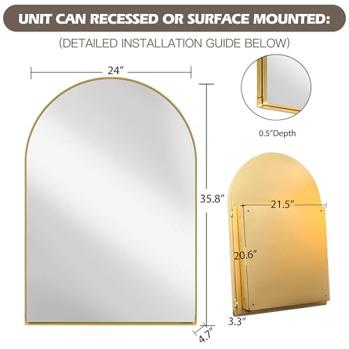 Arched Medicine Cabinet, Recessed Medicine Cabinet Surface Mount Medicine Cabinet with Mirror and Adjustable Shelves Medicine Cabinet Wall Mounted Bathroom Mirror Cabinet, 24x36 Inch (Gold) - color: Gold