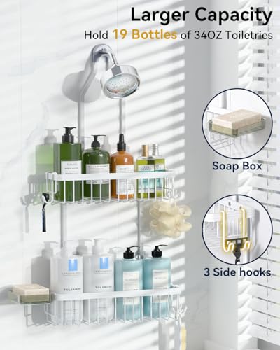 Never Rust Shower Caddy Hanging, Aluminum Shower Racks for Inside Shower, 2-Tier Shower Organizer Hanging Over Shower Head with Hooks and Soap Holder, White - color: White