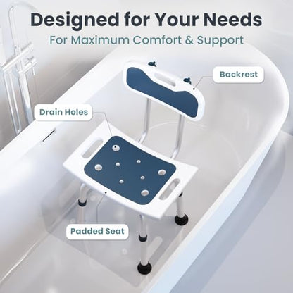 Pelegon Shower Chair for Inside Shower, Shower Bench with Back, Adjustable 15-19 in Height, Non-Slip Feet, Rust-Resistant Aluminum Bath Seat for Elderly and Disabled, 300 lb Capacity - Dark Blue - color: Dark Blue