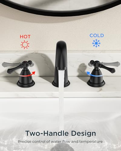 FORIOUS Bathroom Faucet 3 Hole Widespread 8" Sink Faucets Matte Black | 3-hole 6-12 Inch Widespread Sink, 2 Lever Handle, with Drain and Hoses,for Vanity Rv Commercial Lavatory Restroom Farmhouse - color: Matte Black, style: Classic