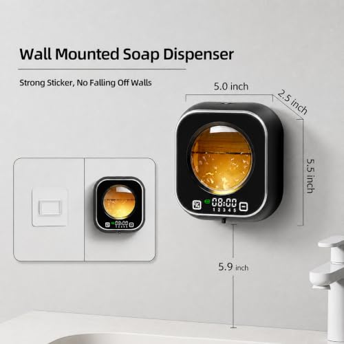 Automatic Soap Dispenser Touchless, Wall Mount, Rechargeable, Mood Lighting | 5 Adjustable Foam Levels, IPX5 Waterproof, LED Clock, 320ML, Hand & Dish Soap for Bathroom Kitchen, Black - color: Foam Black