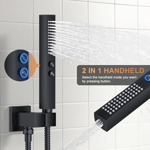 Rain Shower System 12" & 6" Dual Shower Heads Ceiling Shower Faucet Set | Ideal for bathroom remodels and upgrades with 12" rain shower, 6" angled shower, handheld spray and complete valve kit. - color: Matte Black, size: Ceiling Mounted - 12"+6" Shower H