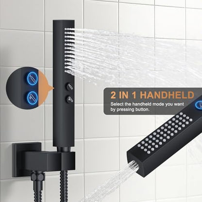Rain Shower System 12" & 6" Dual Shower Heads Ceiling Shower Faucet Set | Ideal for bathroom remodels and upgrades with 12" rain shower, 6" angled shower, handheld spray and complete valve kit. - color: Matte Black, size: Ceiling Mounted - 12"+6" Shower H