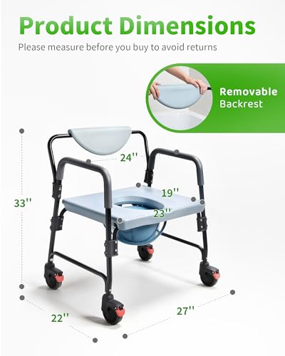 Bedside Commode - Rolling Shower Chair with Wheels - Portable Toilet for Elderly - Rear Locking Wheels 7-qt Commode Bucket Included, HDB-601A