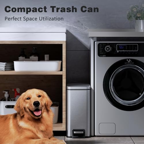 Slim Bathroom Trash Can with Lid Soft Close, 1.6 Gallon Stainless Steel Garbage Can with Removable Inner Bucket, Durable Step Pedal, Small Trash Bins for Toilet, Bedroom, Kitchen, Office - color: Silver, size: 1.6 Gallon