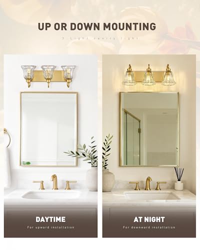 zeyu 22-Inch 3-Light Bathroom Lights Over Mirror Fixture, ZJX117B-3W BG | Gold Bathroom Light Fixtures, Clear Striped Glass Shades, Metal And Glass Construction, Wall-Mounted Bathroom Lighting - color: Gold+Clear Striped Glass, size: 3-Light