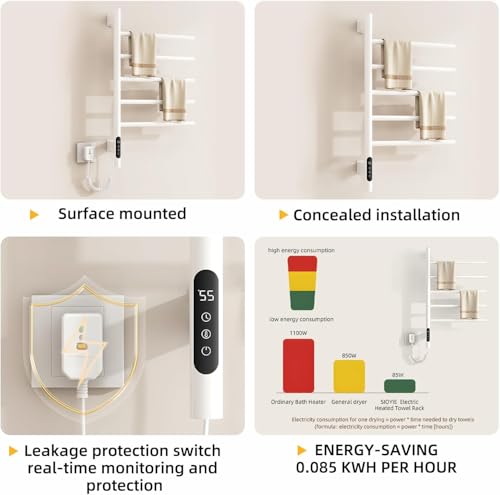 180°Rotation Electric Heated Towel Rack Wall Mounted Towel Warmer Racks 5 Bars Hardwired & Plug-in Hot Towel Rack with 1H-9H Timer for Home Bathroom Salons and Spas (White) - size: G63