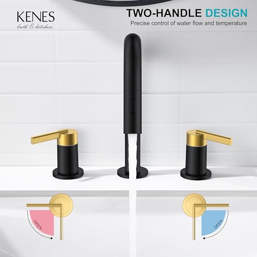 Black and Gold Pull Down Widespread Bathroom Faucet 3 Hole 2 Handle | Pull Out Bathroom Faucet with Pop Up Drain & Supply Lines, Lead-Free cUPC & NSF Certified, 8 Inch Faucet for Vanity RV Sink - color: Black & Gold