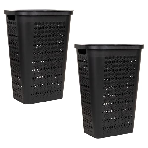 Mind Reader Slim Tapered Laundry Hampers with Lid, Clothes Basket with Swiss Cross Cut-Outs, Lightweight & Ventilated, Plastic, Set of 2, Black - color: Black