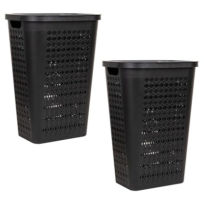 Mind Reader Slim Tapered Laundry Hampers with Lid, Clothes Basket with Swiss Cross Cut-Outs, Lightweight & Ventilated, Plastic, Set of 2, Black - color: Black