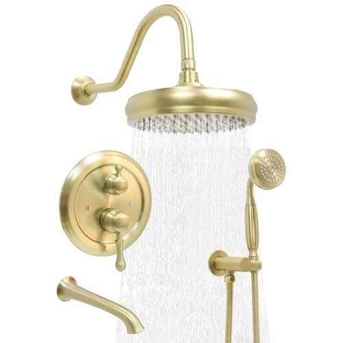 Enga Brushed Gold Antique Brass Tub Shower Faucet Fixture Shower System, 8inch Wall Mount Rain Shower with Spout and Hand Spray - color: Brushed Gold, style: 8" Head + Tub