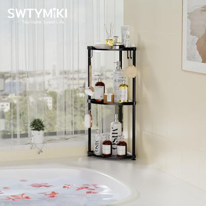 SWTYMIKI Corner Shower Caddy Standing - 3 Tier Stainless Steel Shower Organizer Stand, Large Capacity Floor Shelf with 4 Hooks, Rustproof Bathroom Storage Rack, Black