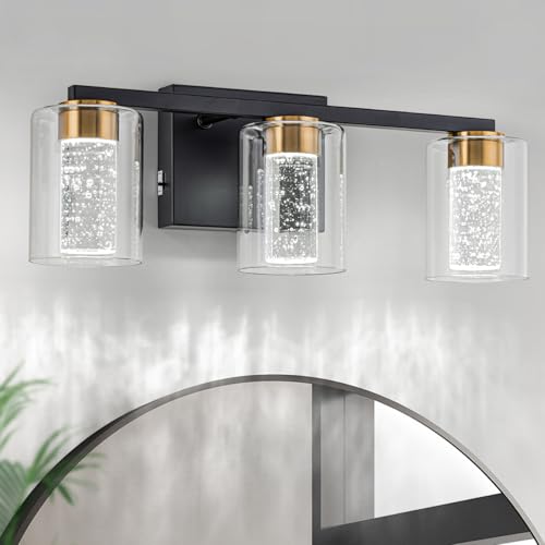 SineRise 3-Light Black and Gold Vanity Light with 3 Color Modes (3000K/4000K/6000K), Eye Protection LED Bathroom Light Fixture, Dimmable Modern Wall Light Over Mirror with Clear Glass Shade - color: Black-Gold, size: 3-light