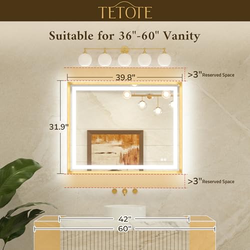 TETOTE 40 x 32 Led Mirror Silver Metal Frame Frontlit & Backlit Vanity Mirror Anti-Fog Stepless Dimmable 3 Colors White/Warm/Natural Wall Mirror with Lights
