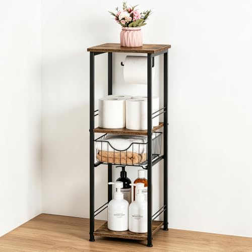 Bathroom Storage Shelf Floor Standing Toilet Storage Cabinet with Drawer | 3 Tier Narrow Shelving Unit, Open Storage Shelves, Adjustable Feet, for Small Spaces, Laundry Room, Kitchen, Rustic Brown - color: Rustic Brown+Black