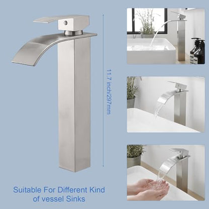 RUMOSE Tall Bathroom Faucet Vessel Sink Faucet with Drain, Brushed Nickel | Modern Single Handle One Hole Bathroom Faucet Waterfall Rv Lavatory Vanity Faucet Mixer Tap, Pop Up Drain, Stainless Steel - color: Brushed Nickel
