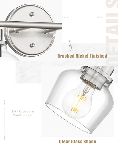 Emak 2-Light Vanity Lights, Brushed Nickel Bathroom Lights Over Mirror with Clear Glass Shade, Modern Bathroom Wall Sconces, VL122-BN-CG-2 - color: Brushed Nickel & Clear Glass, size: 2 Light