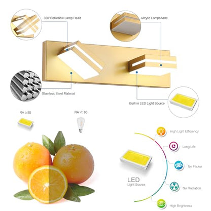 SineRise LED Modern Bathroom Vanity Light Fixtures, Modern Acrylic Bathroom Wall Lighting Fixtures Over Mirror, 2-Light, 15.5-Inch, Gold, 100%-0% White - color: Gold, 100%-0% White, size: 2-Light, 15.5-Inch
