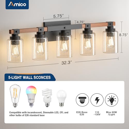 Amico 5-Light Farmhouse Bathroom Vanity Light, Seeded Glass, Black & Wood | Bubble Glass Shade Wall Sconce, Over Mirror Lighting for Bathroom, Bedroom, Living Room, Hallway, Powder Room, Entryway - size: 5-Light