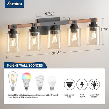 Amico 5-Light Farmhouse Bathroom Vanity Light, Seeded Glass, Black & Wood | Bubble Glass Shade Wall Sconce, Over Mirror Lighting for Bathroom, Bedroom, Living Room, Hallway, Powder Room, Entryway - size: 5-Light