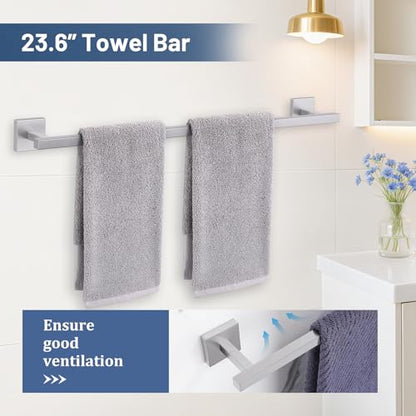 TURS 5-Pieces Brushed Nickel Bathroom Hardware Accessories Set 23.6" Towel Bar Set Wall Mounted Square Toilet Paper Holder with Shelf Stainless Steel - color: Brushed Nickel
