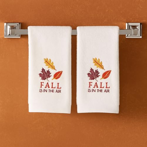 Serafina Home Fall Fingertip Towels for Bathroom – Set of 2 12 “ x 18” Cotton with Embroidered Colorful Leaves – ‘Fall is in The Air’ Autumn Bathroom & Kitchen Décor - color: Brown Orange White