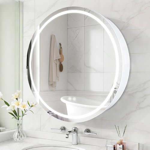 Round Medicine Cabinet with Light,3 Color Temperature,Dimmer,Defogger,32inch,White - color: White, size: 32inch
