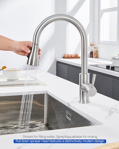 J-HVA Pull Down Kitchen Faucet Sprayer Head Replacement Part,Brushed Nickel | with 15 Adapters, 3 Function Pull Out Sink Sprayer Replacement Nozzle, Kitchen Faucet Head Hose Spray Tap Spout - color: Brushed Nickel