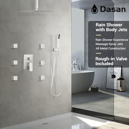 DASAN Full Body Shower System with 6 PCS Body Spray Jets & 12'' Rain Shower Head & Handheld, Ceiling Mount Rain Shower System Brushed Nickel Shower Faucets Sets Complete with Valve, SA-SS03ABN-S12C - color: Brushed Nickel
