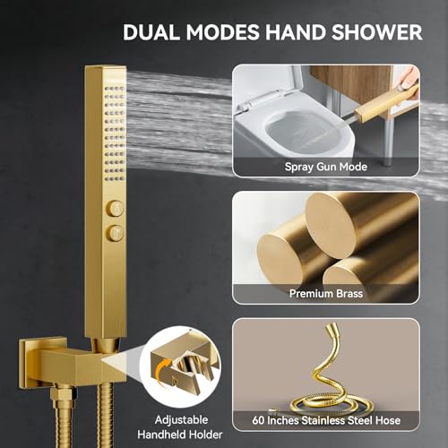 Brushed Gold Shower System with Body Jets, Bostingner 4 Way Shower Faucet Set with 2 in1 Handheld,Ceiling Mount 12 Inch Shower Head with 6 Inch Shower Head,4Pcs Body Jets With Dual Head Shower Set - color: Gold, size: 6+12 inch-01